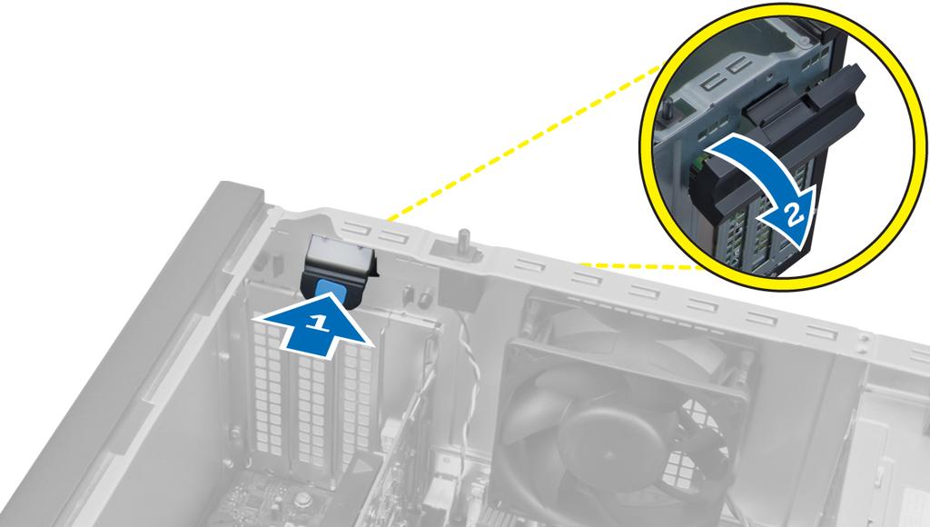 4. Vedä vapautussalpa varoen irti PCIe x16 -kortista siten, että kiinnityskieleke irtoaa kortin lovesta. Nosta kortti ylös liitännästään ja emolevystä.