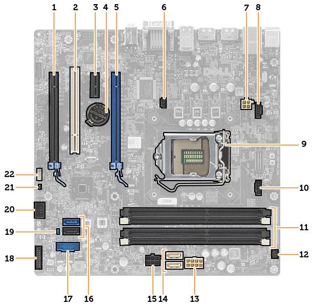 PCI Express x16 -korttipaikka 6. tunkeutumiskytkimen liitäntä 7. 4-nastapien CPU:n virtaliitäntä 8.