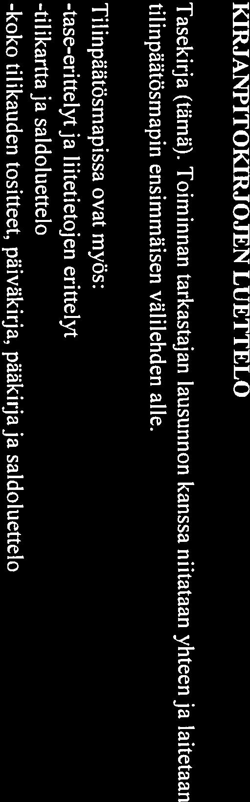 MRJANPITOMRJOJEN LUETTELO Tasekirja (tämä). Toiminnan tarkastajan lausunnon kanssa niitataan yhteen ja laitetaan tilinpäätösmapin ensimmäisen välilehden alle.