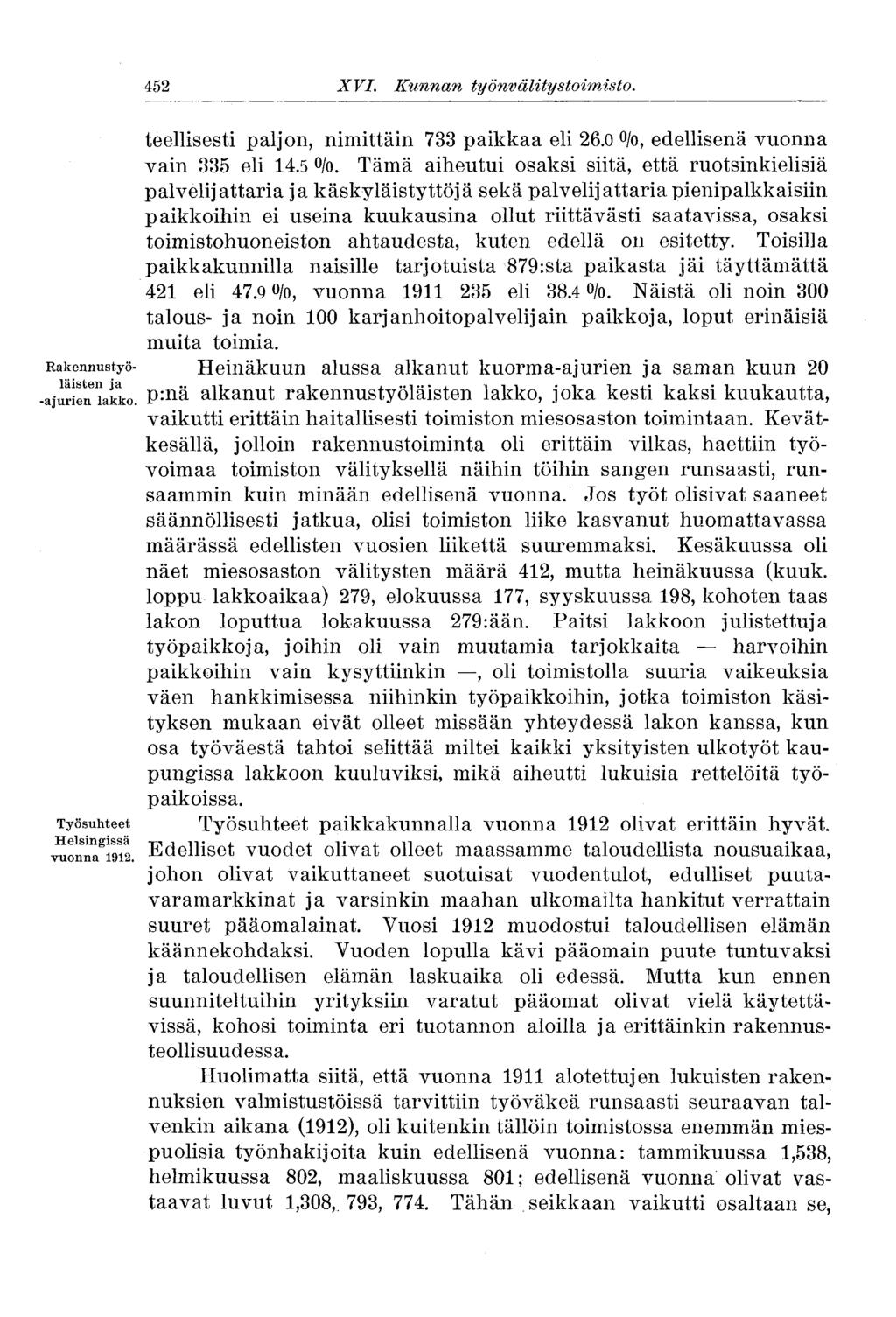 452 XVI. Kunnan työnvälitystoimisto. 452 teellisesti paljon, nimittäin 733 paikkaa eli 26.0 /o, edellisenä vuonna vain 335 eli 14.5 /o.