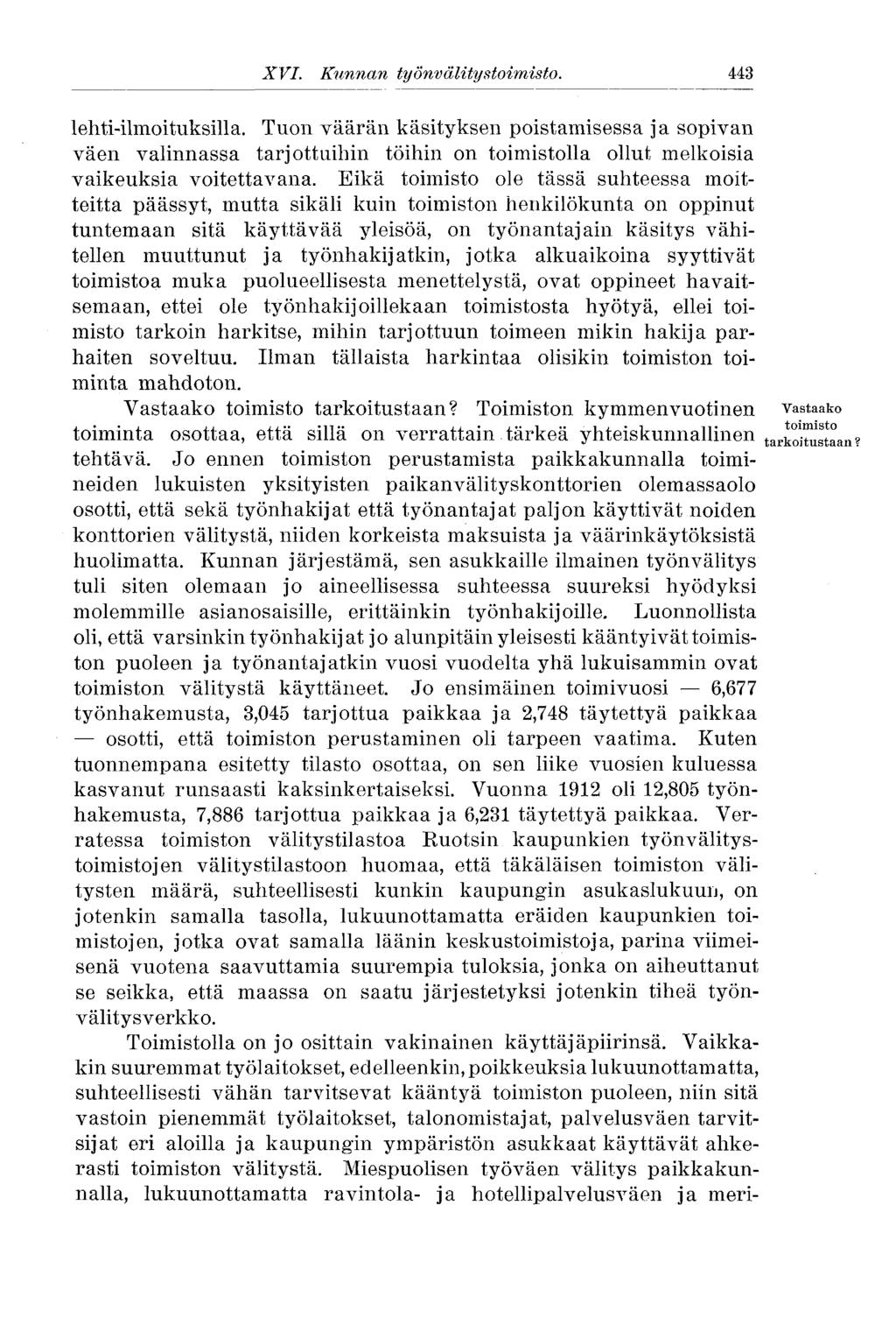 XVI. Kunnan työnvälitystoimisto. 443 lehti-ilmoituksilla. Tuon väärän käsityksen poistamisessa ja sopivan väen valinnassa tarjottuihin töihin on toimistolla ollut melkoisia vaikeuksia voitettavana.