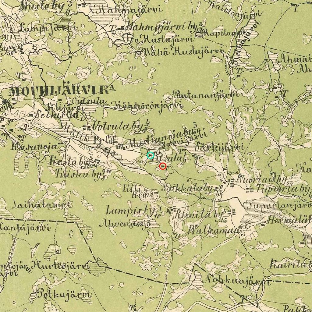 Ote Kalmbergin kartastosta vuodelta 1855. Iso-Tiisala on ympäröity turkoosilla ja Vähä-Tiisala punaisella.