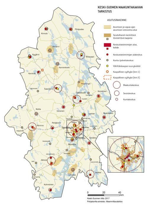 9 Kuva 1 Asutusrakenteen ja palveluverkon kokonaisratkaisu Keski-Suomen maakuntakaavan tarkistuksessa (Keski-Suomen liitto 2017). Alakeskusten muutosalueet on esitetty sinisellä ympyrällä.