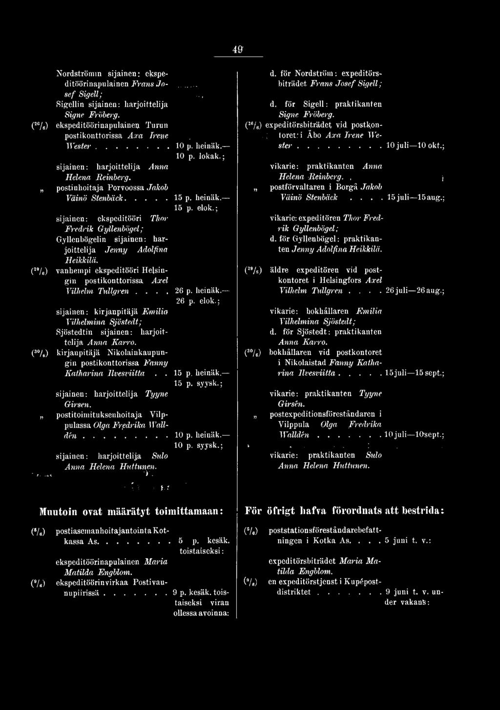 ; sijainen: ekspeditööri Thor Fredrik Gyllenböget; Gyllenbögelin sijainen: harjoittelija Jenny Adolfina Heikkilä. (29/ ) vanhempi ekspeditööri Helsingin postikonttorissa Axel Vilhelm Tallgren.... 26 p.