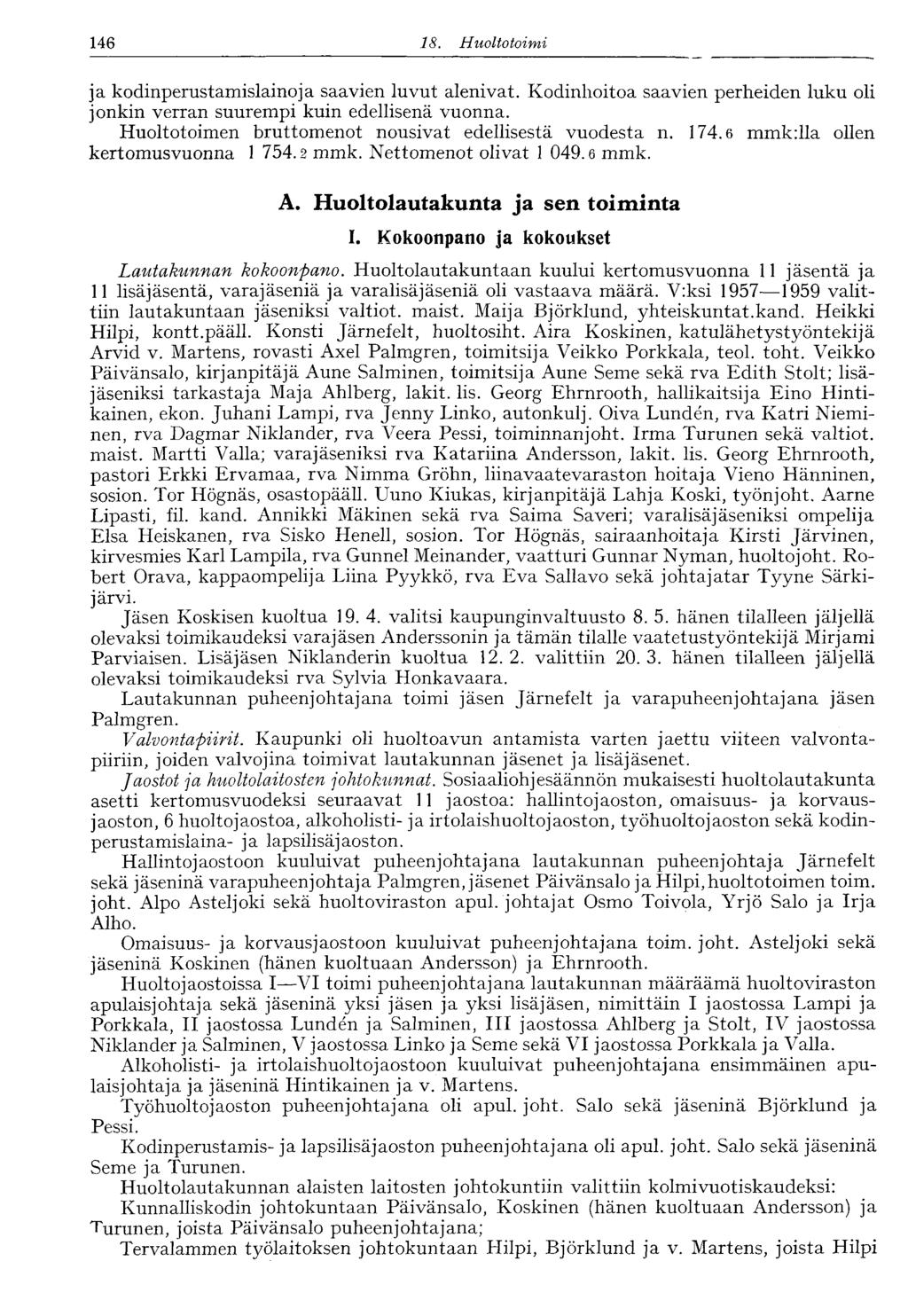 146 18. Huoltotoimi ja kodinperustamislainoja saavien luvut alenivat. Kodinhoitoa saavien perheiden luku oli jonkin verran suurempi kuin edellisenä vuonna.