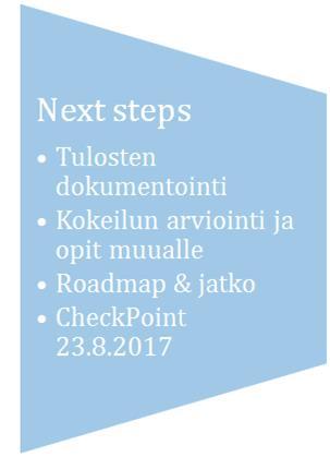 Projektin Next steps -vaihe Projektin tulokset dokumentoidaan. Projekti esitellään intrassa ja blogissa.