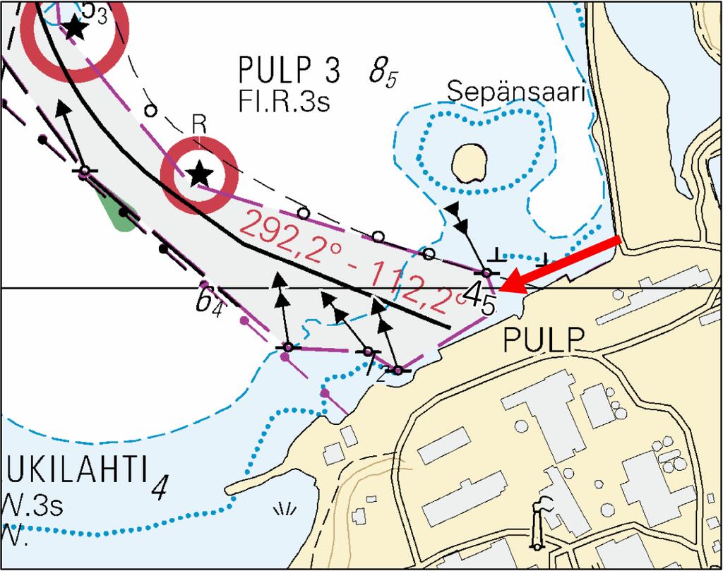 Ei merikartan mittakaavassa - Inte i sjökortets skala - Not to scale of chart Matalikon mahdollisesti aiheuttamista jatkotoimenpiteistä tiedotetaan myöhemmin.