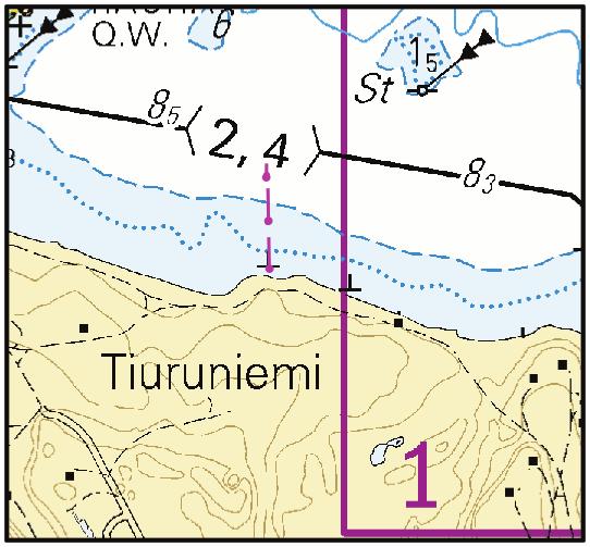 The cable passes under the Ristiina Puulavesi channel (2.4 m). Insert in chart. Lisää kaapeli Inför kabel Insert submarine cable: 1) 61 34.3747 N 27 42.4802 E Kaupinsaari 2) 61 34.5295 27 42.