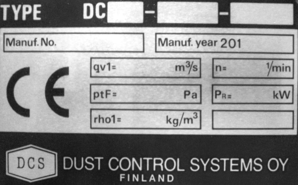 10/57 Jokaisessa puhaltimessa on kilpi, johon on merkitty vaaditut tiedot puhaltimesta. Puhaltimella on kirjaimista ja numeroista koostuva koodi, joka kertoo puhaltimen tyypin.