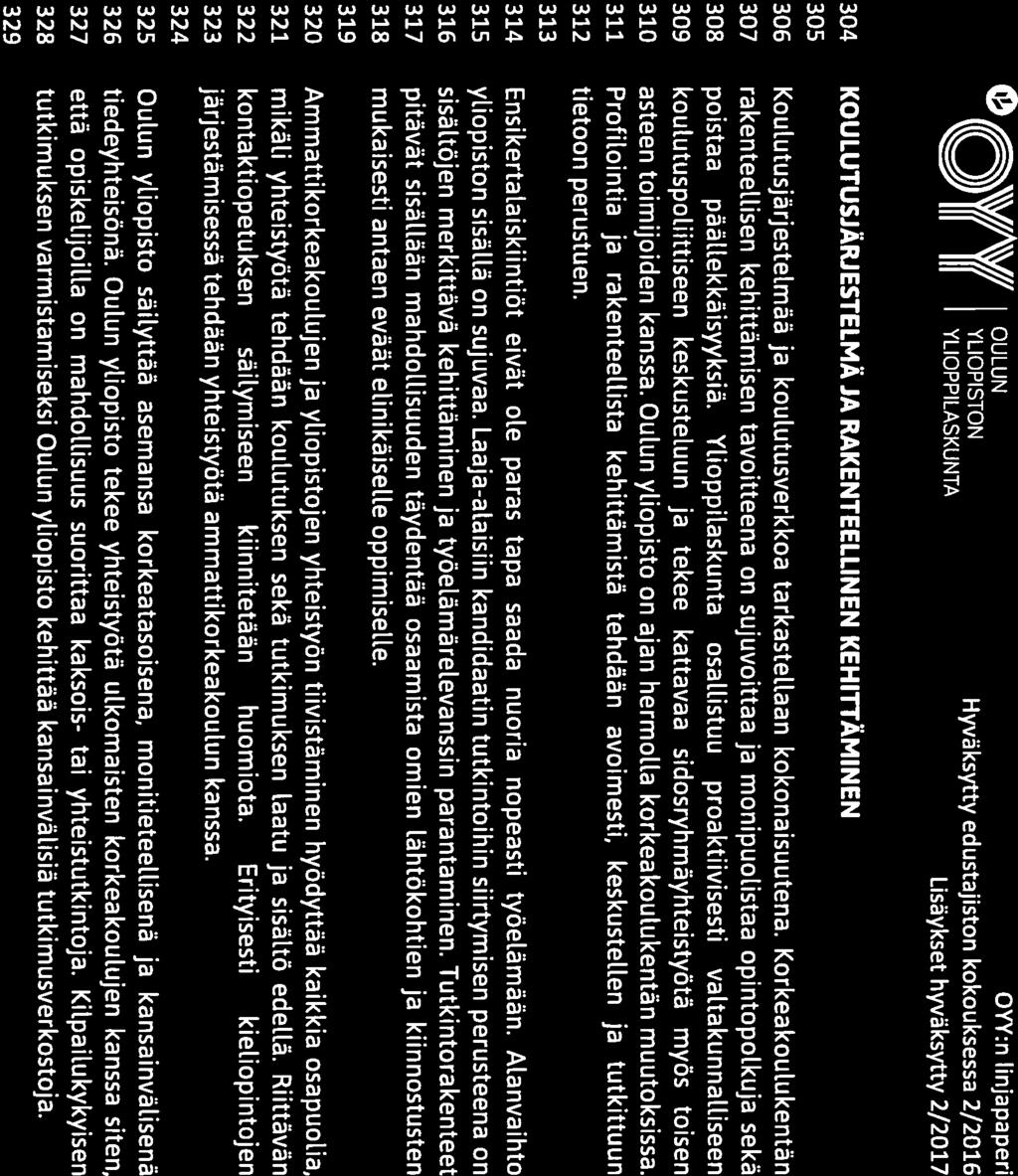 0 \V7 // OULUN OYY:n linjapaperi ( (( YLIOPISTON Hyväksytty edustajiston kokouksessa 2/2016 II II YLIOPPILASKUNTA Lisäykset hyväksytty 2/2017 304 KOULUTUSJÄRJESTELMÄ JA RAKENTEELLINEN KEHITTÄMINEN