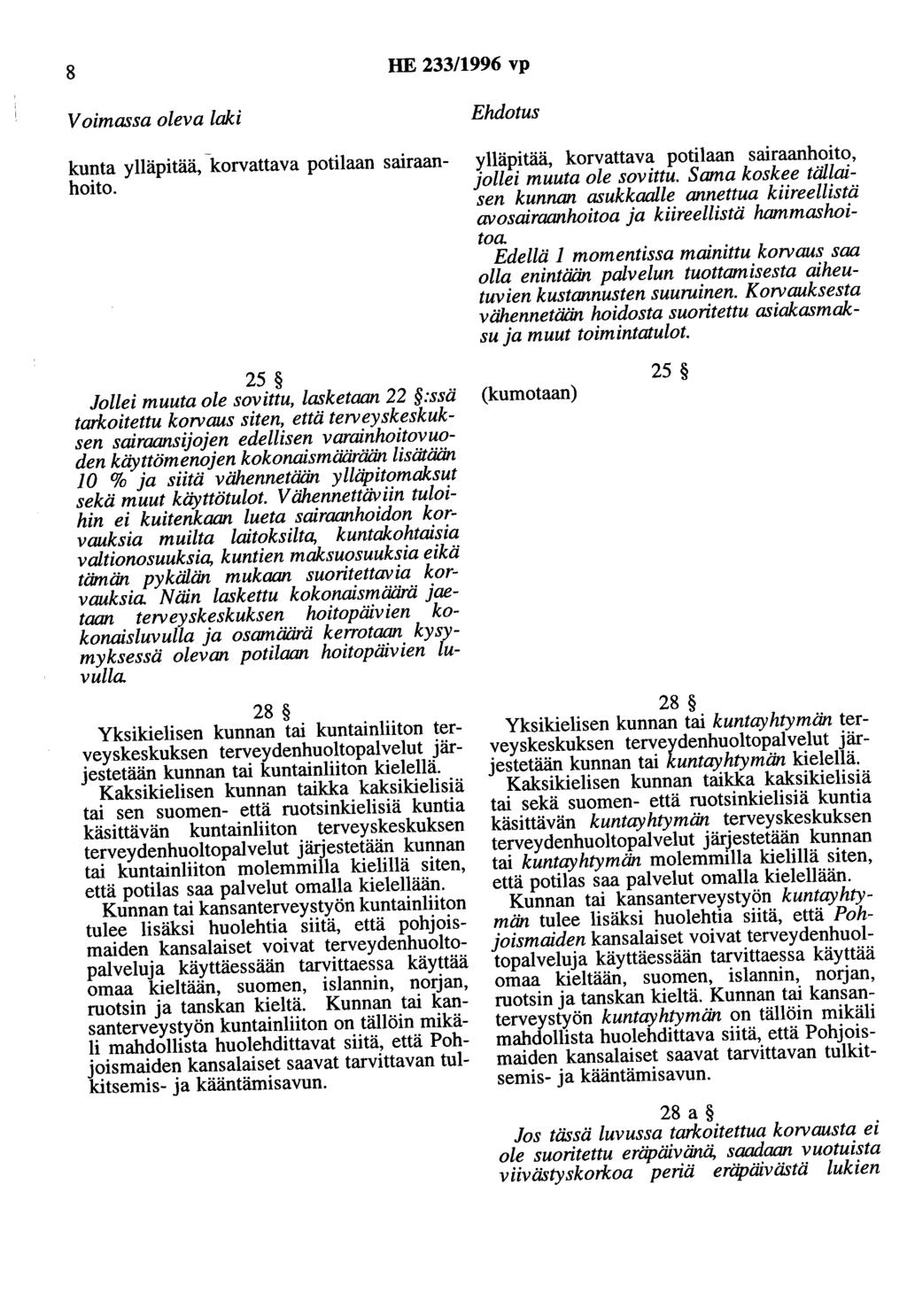 8 HE 233/1996 vp Voimassa oleva laki kunta ylläpitää, ~korvattava potilaan sairaanhoito. Ehdotus ylläpitää, korvattava potilaan sairaanhoito, jollei muuta ole sovittu.