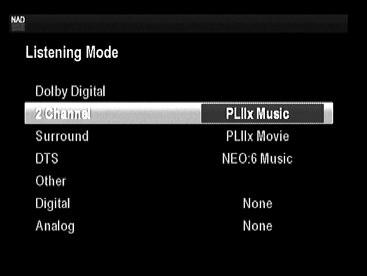 ASETUSTEN TEKEMINEN Listening Mode Laite tunnistaa automaattisesti äänen formaatin ja valitsee sen perusteella jonkin seuraavista: DOLBY DIGITAL Dolby Digital on monikanavainen ääniformaatti, jonka