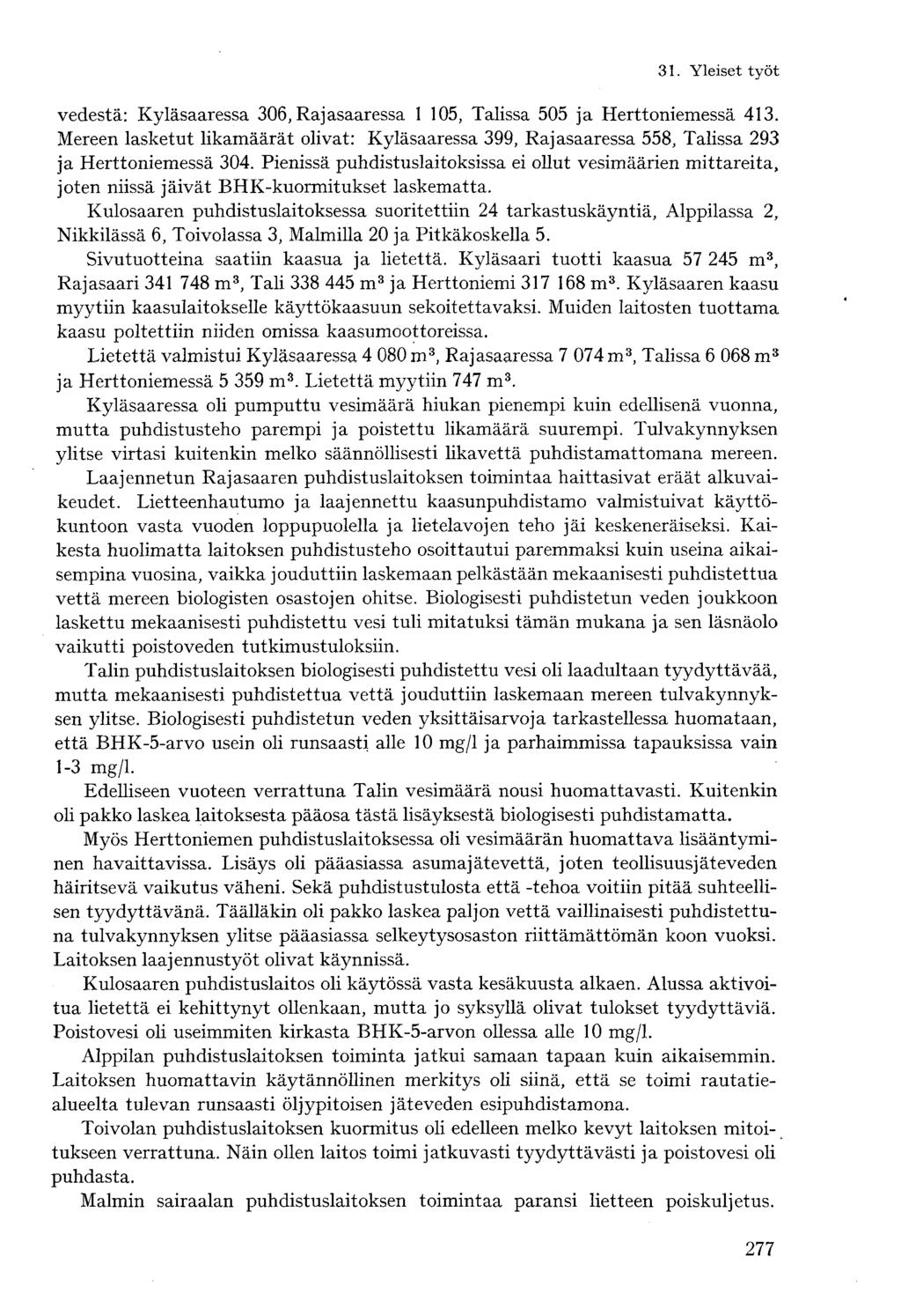 vedestä: Kyläsaaressa 306, Rajasaaressa 1 105, Talissa 505 ja Herttoniemessä 413. Mereen lasketut likamäärät olivat: Kyläsaaressa 399, Rajasaaressa 558, Talissa 293 ja Herttoniemessä 304.