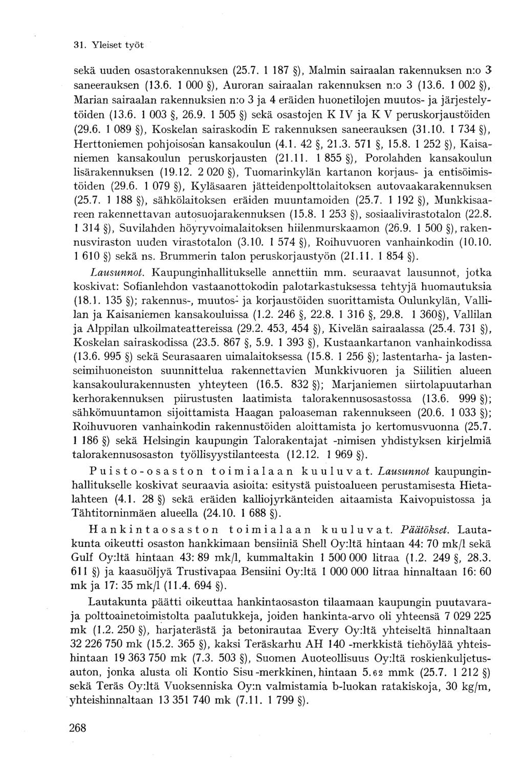 sekä uuden osastorakennuksen (25.7. 1 187 ), Malmin sairaalan rakennuksen n:o 3 saneerauksen (13.6.