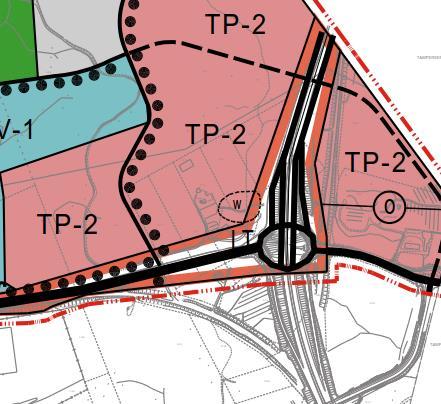 verrattavia teollisuus- ja varastotiloja. Teollisuus- ja varastotiloja voidaan rakentaa enintään 50 % rakennetusta kerrosalasta. Valtatien liittymän viereen on osoitettu alueellinen hulevesiallas (w).