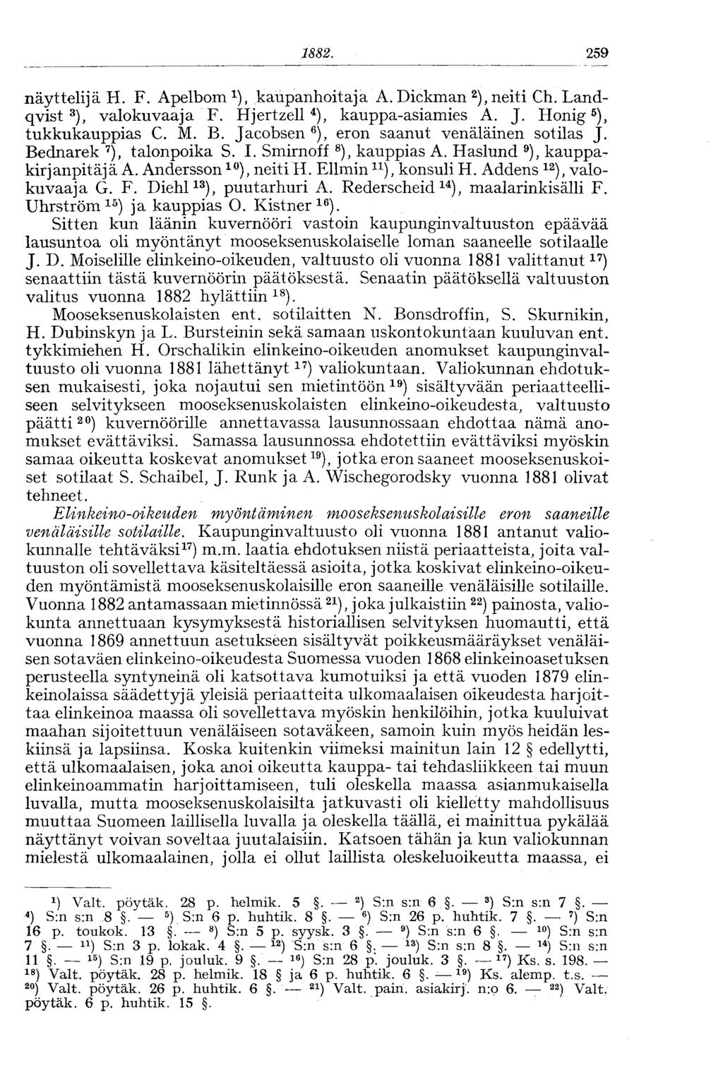 1882. 259 näyttelijä H. F. Apelbom 1 ), kaupanhoitaja A. Dickman 2 ), neiti Ch. Landqvist 3 ), valokuvaaja F. Hjertzell 4 ), kauppa-asiamies A. J. Honig 5 ), tukkukauppias C. M. B.