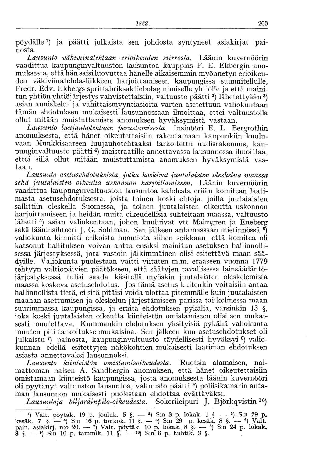 1882. 263 pöydälle 1 ) ja päätti julkaista sen johdosta syntyneet asiakirjat painosta. Lausunto väkiviinatehtaan erioikeuden siirrosta.