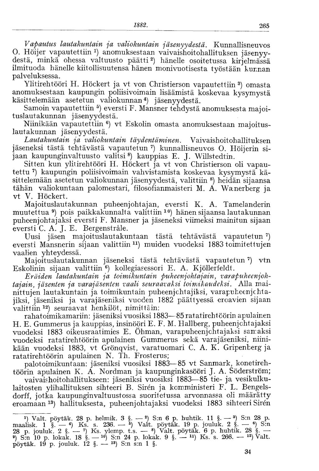 1882. 265 Vapautus lautakuntain ja valiokuntain jäsenyydestä. Kunnallisneuvos O.