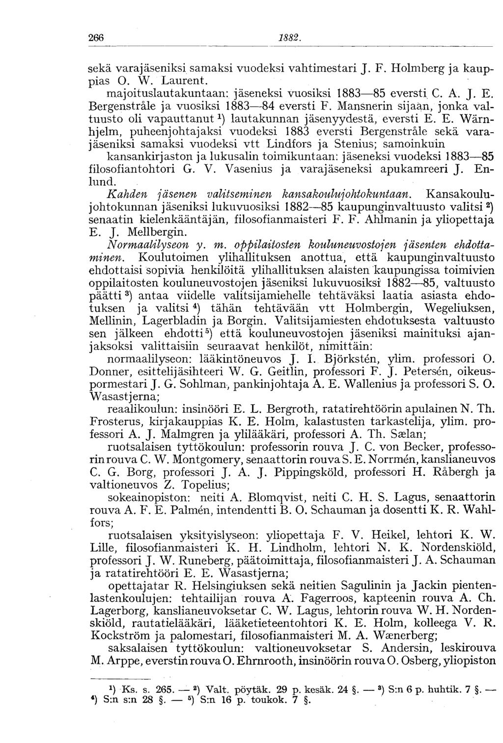 266 1882. sekä varajäseniksi samaksi vuodeksi vahtimestari J. F. Holmberg ja kauppias O. W. Laurent. majoituslautakuntaan: jäseneksi vuosiksi 1883 85 eversti C. A. J. E.