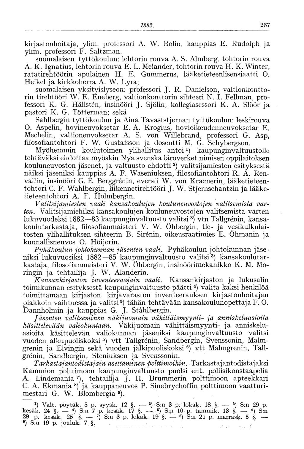 1882. 267 kirjastonhoitaja, ylim. professori A. W. Bolin, kauppias E. Rudolph ja ylim. professori F. Saltzman. suomalaisen tyttökoulun: lehtorin rouva A. S. Almberg, tohtorin rouva A. K.