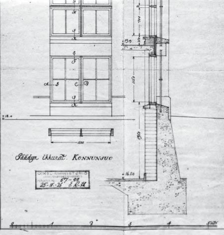 KONNUNSUON VANKILAN RAKENNUSHISTORIASELVITYS OSA 3 Osa Talousrakennuksen julkisivuleikkausta (Elli Ruuth 25.4.1926).
