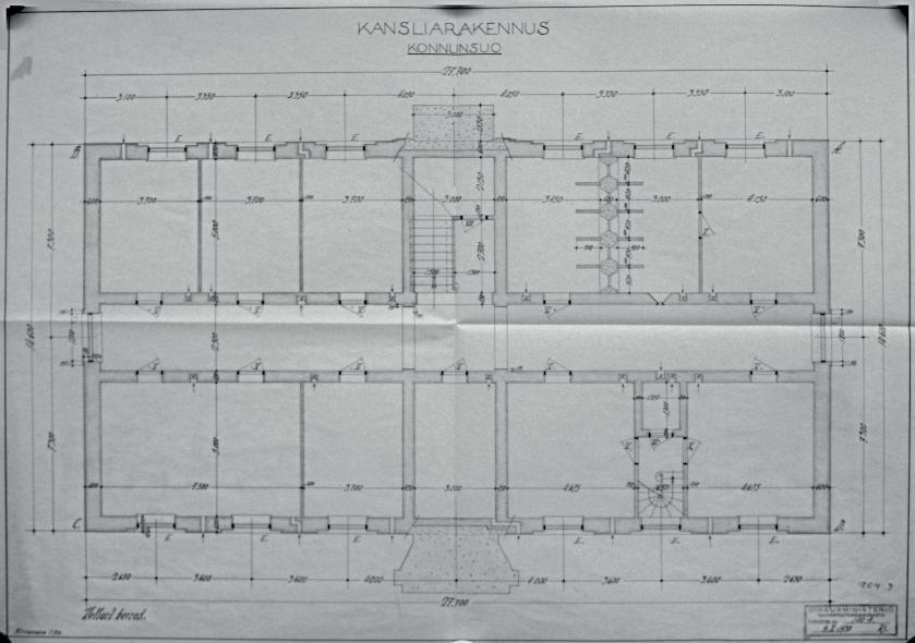 KONNUNSUON VANKILAN RAKENNUSHISTORIASELVITYS OSA 3 Uno Sjöholmin laatima Kansliarakennuksen kellarikerroksen piirros heinäkuulta 1930. Tilojen suunniteltu käyttötarkoitus on merkitty piirustukseen.