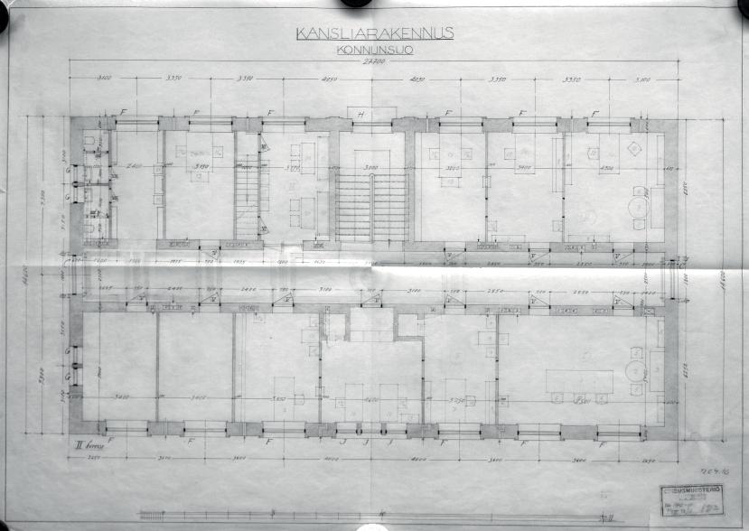 KONNUNSUON VANKILAN RAKENNUSHISTORIASELVITYS OSA 3 001 Uno Sjöholmin laatima Kansliarakennuksen 2. kerroksen piirros heinäkuulta 1930. Tilojen suunniteltu käyttötarkoitus on merkitty piirustukseen.