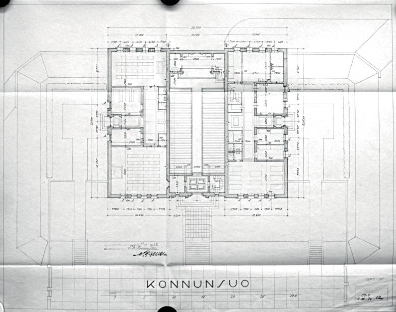 3.1932 päiväämä Kirkkorakennuksen pääkerroksen pohjapiirros, jossa näkyy myös rakennuksen