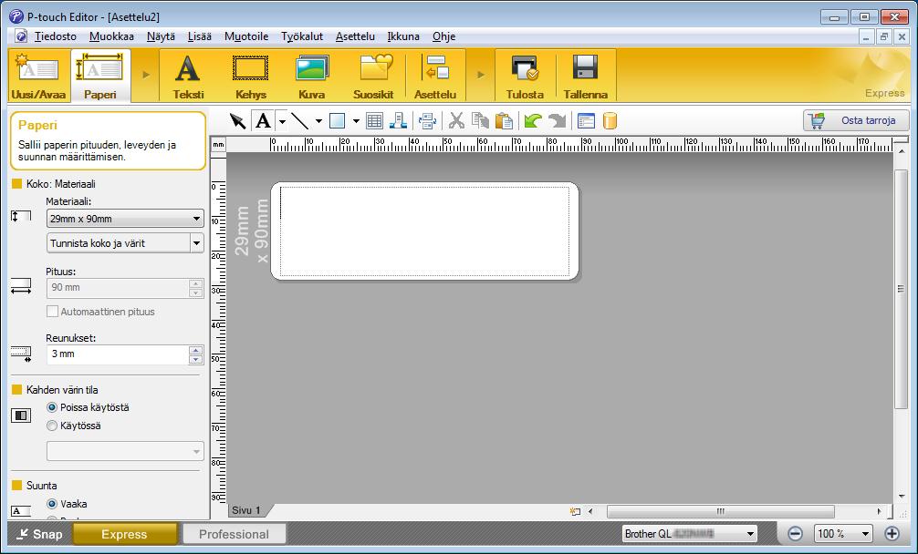 P-touch Editorin käyttäminen Tulostaminen P-touch Editorin avulla 6 Express-tila Tässä tilassa voit nopeasti luoda asetteluja, jotka sisältävät tekstiä ja kuvia.
