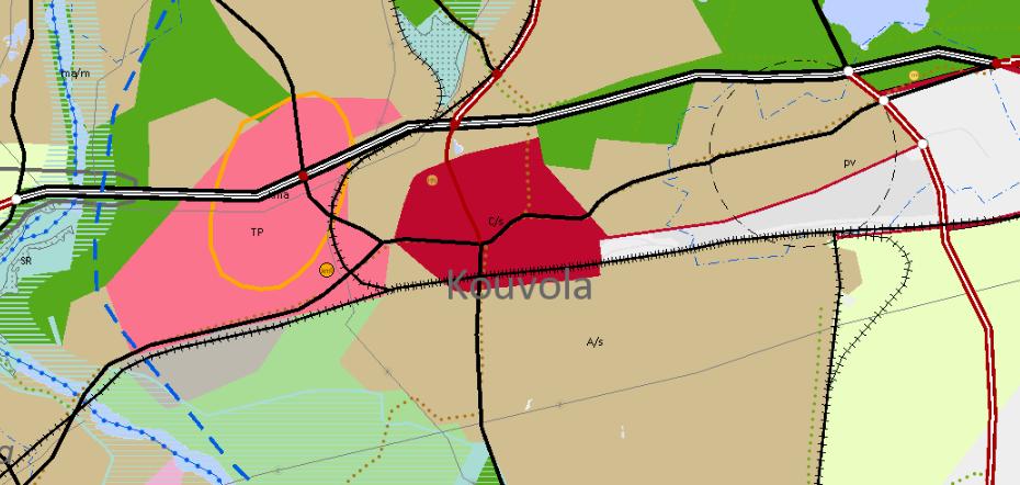 Kuva 6. Suunnittelualueen likimääräinen sijainti merkittynä punaisella aluerajauksella Kymenlaakson maakuntakaavaan. Kouvolan keskeisen kaupunkialueen osayleiskaava Alueella on voimassa 6.1.