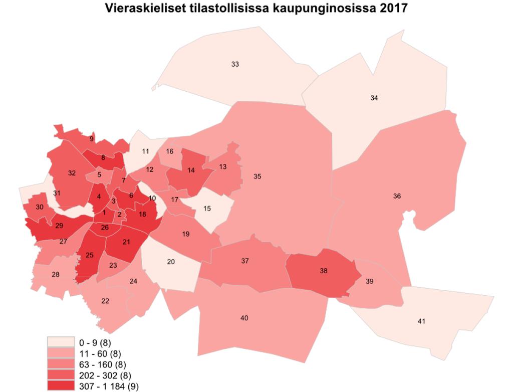 4 Kuva 4. Vieraskieliset tilastollisissa kaupunginosissa vuoden 2017 syyskuussa.