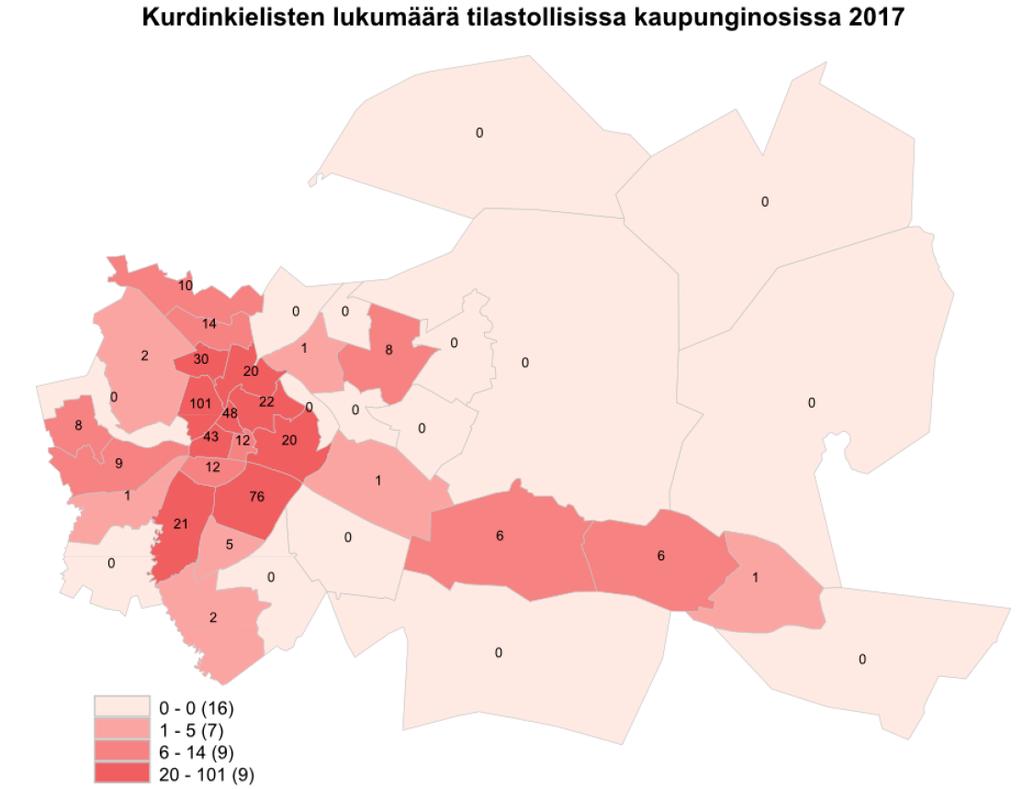 6 Kuva 7. Arabiankielisten lukumäärä tilastollisissa kaupunginosissa vuoden 2017 syyskuussa.