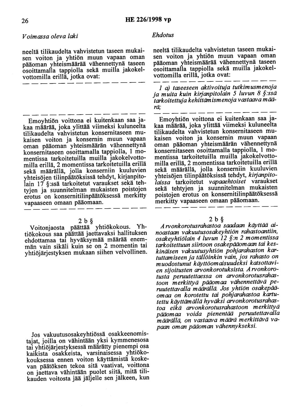 26 HE 226/1998 vp Voimassa oleva laki neeltä tilikaudelta vahvistetun taseen mukaisen voiton ja yhtiön muun vapaan oman pääoman yhteismäärää vähennettynä taseen osoittamalla tappiolla sekä muilla