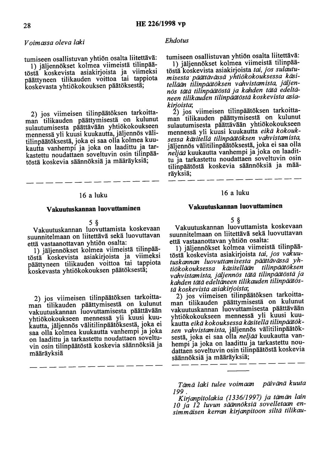 28 HE 226/1998 vp Voimassa oleva laki tumiseen osallistuvan yhtiön osalta liitettävä: 1) jäljennökset kolmea viimeistä tilinpäätöstä koskevista asiakirjoista ja viimeksi päättyneen tilikauden voittoa