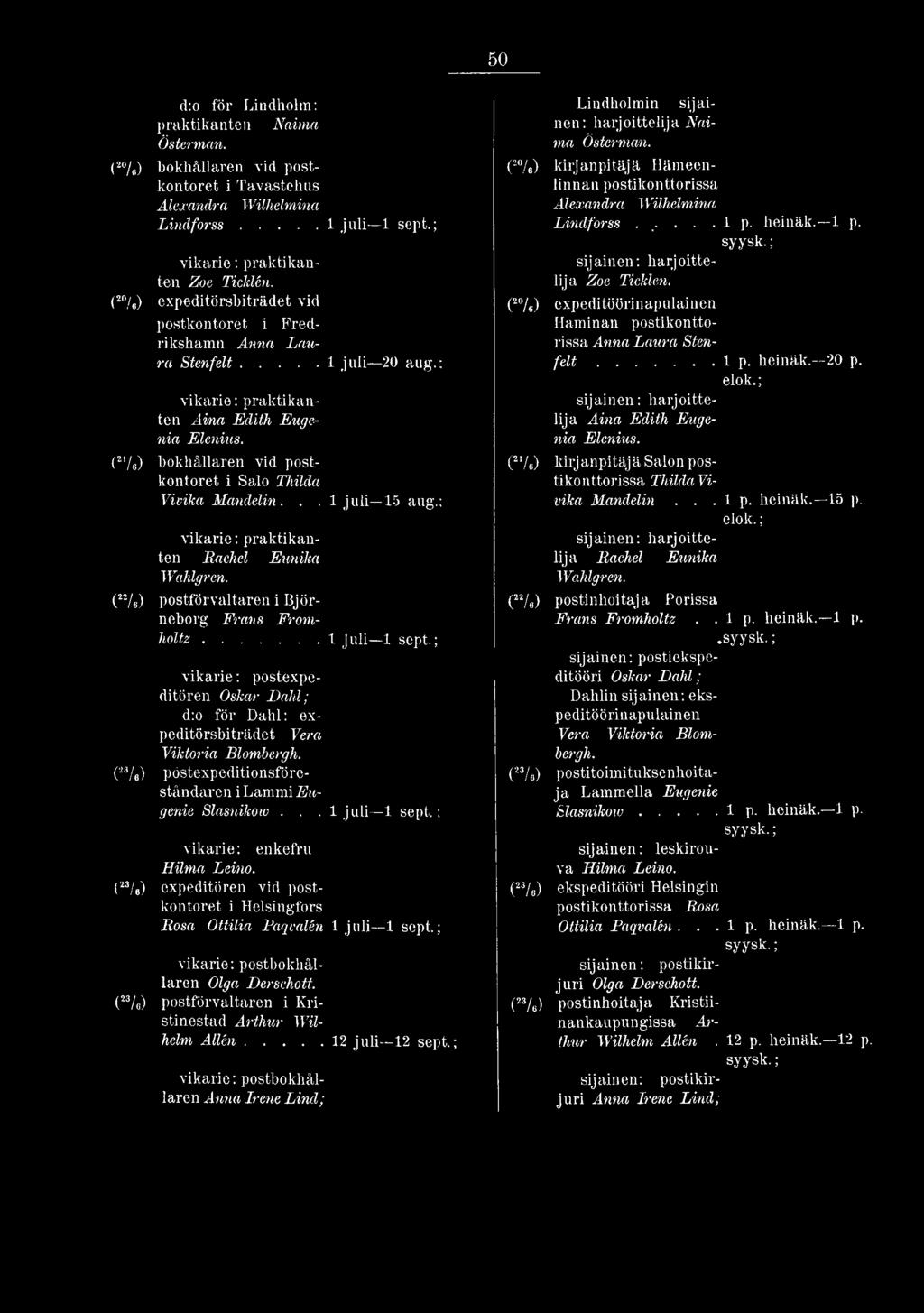 .. 1 juli 15 aug.; Ilachel Eunika Wahlgren. (22/6) postförvaltaren i Björneborg Frans Fromh o ltz...t juli 1 sept.