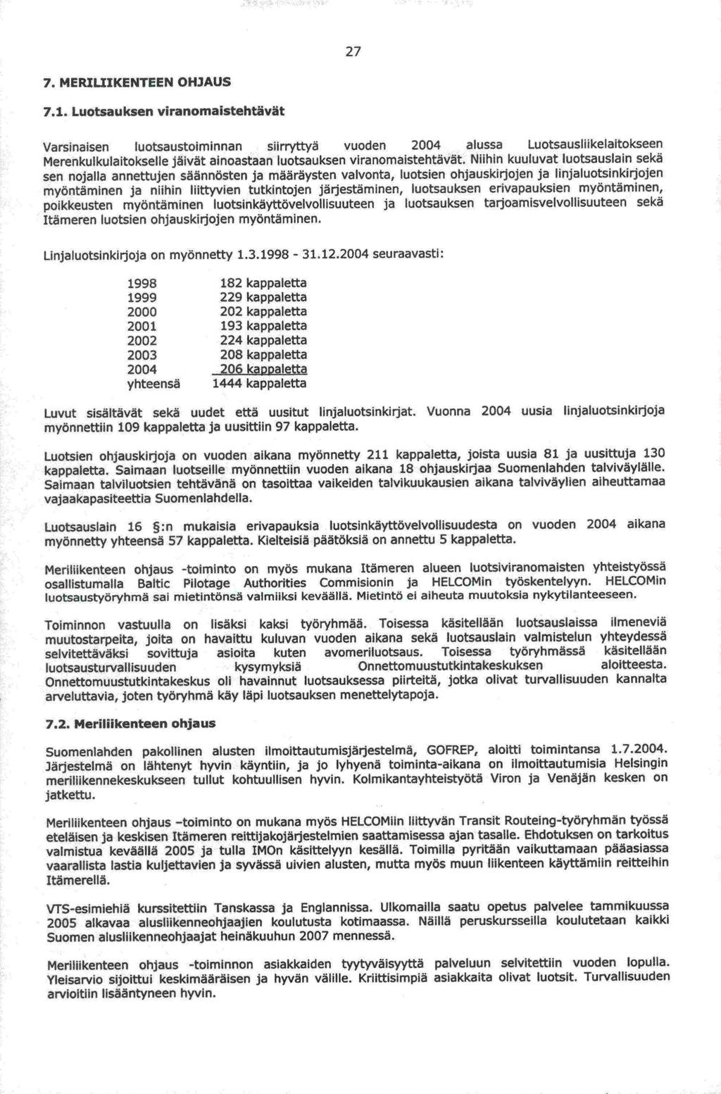 sen myöntäminen Järjestelmä jatkettu. 2005 27 7. MERIUIKENTEEN OHJAUS 7.1.