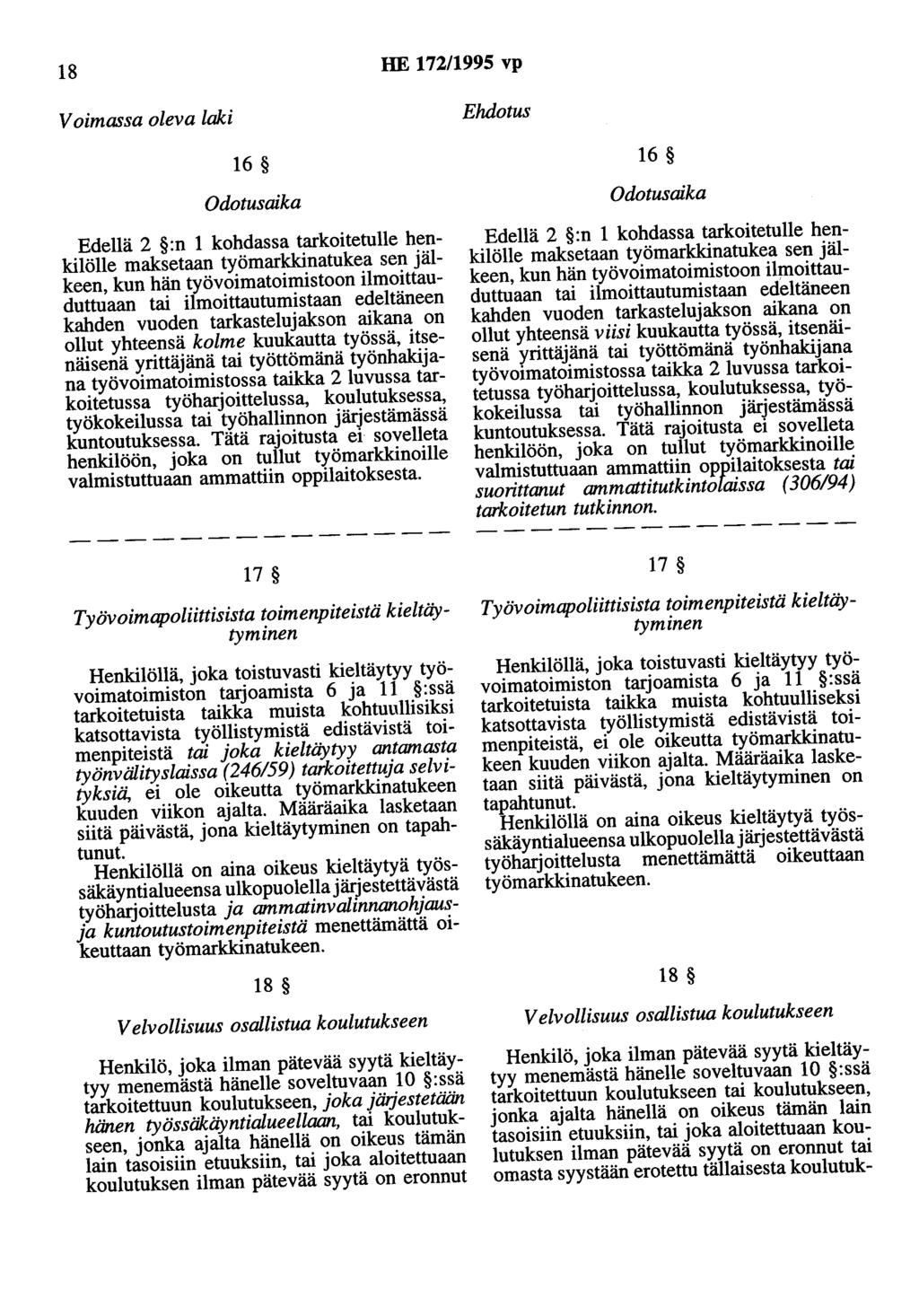 18 HE 172/1995 vp Voimassa oleva laki 16 Odotusaika Edellä 2 :n 1 kohdassa tarkoitetulle henkilölle maksetaan työmarkkinatukea sen jälkeen, kun hän työvoimatoimistoon ilmoittauduttuaan tai