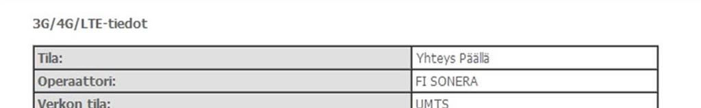 6.1.3 3G/4G/LTE-tiedot Tila: 3G/4G/LTE-yhteyden tila Operaattori: Käytettävän operaattorin nimi, johon yhteys on muodostettu Verkon tila: Tekniikka, johon yhteys on