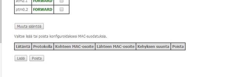 MAC-suodatus Mac-osoitteiden suodatusikkunassa on mahdollista suodattaa liikenteestä haluttuja Mac-osoitteita. 6.2.