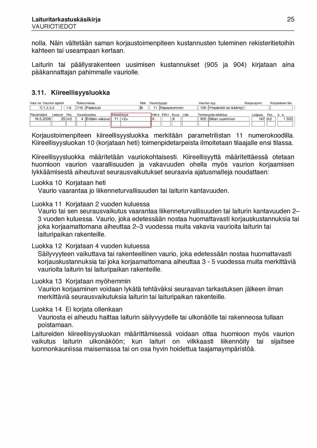 Laituritarkastuskäsikirja 25 VAURIOTIEDOT nolla. Näin vältetään saman korjaustoimenpiteen kustannusten tuleminen rekisteritietoihin kahteen tai useampaan kertaan.