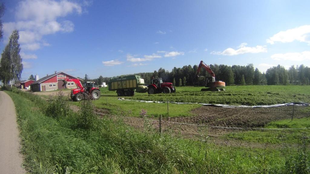 25 Kuva 4. Massey Ferguson 6475, Massey Ferguson 7495, Krone 5XL -noukinvaunu sekä Hitachi Zaxis 130 -kaivinkone aumalla. Yhdistelmäpaalainkoneketjun koneet olivat maatalousyrityksen omia.