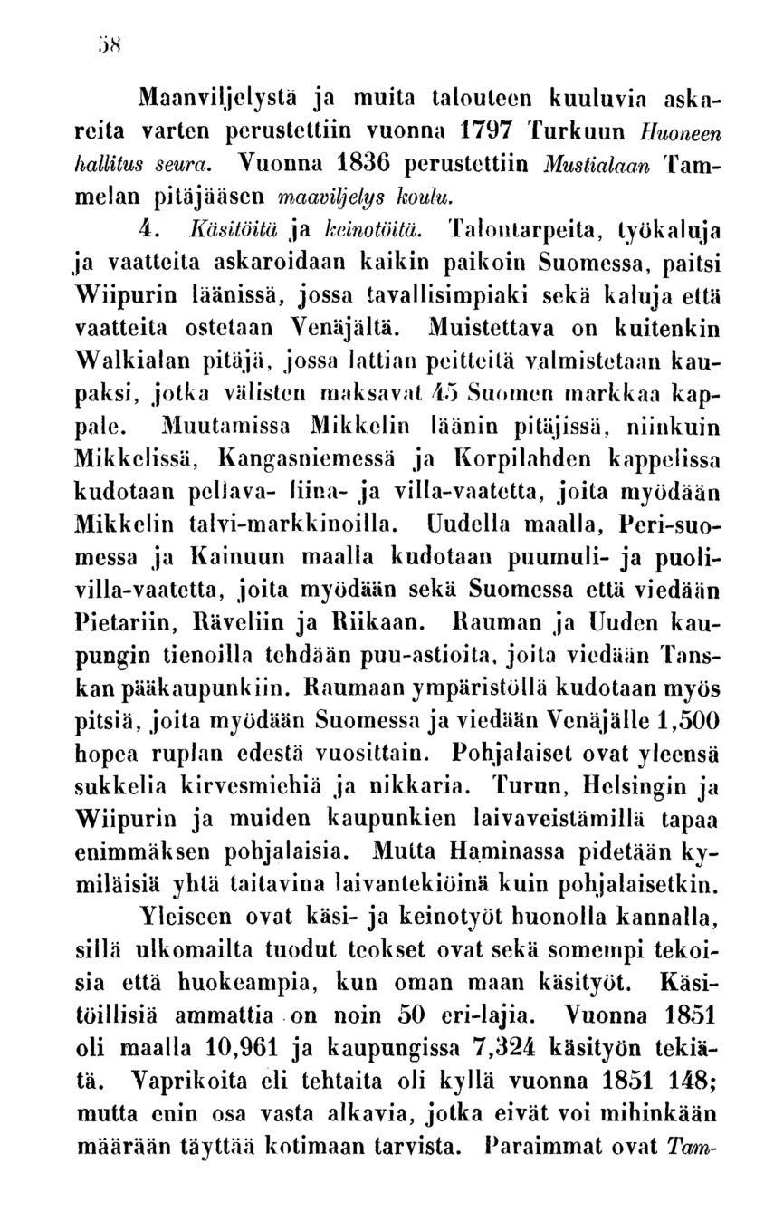 58 Maanviljelystä ja muita talouteen kuuluvia askareita varten perustettiin vuonna 1797 Turkuun Huoneen hallitus seura. Vuonna 1836 perustettiin Mustialaan Tammelan pitäjääscn maaviljelys koulu. 4.