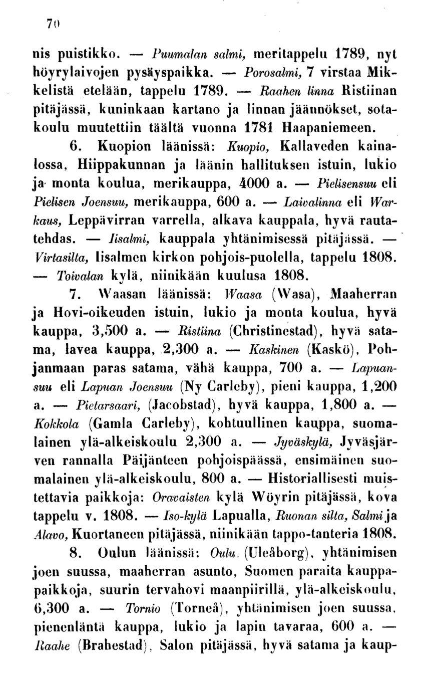 Toivalan Pietarsaari, lisalmi, Tornio Puumalan Iso-kylä Ristiina Porosalmi, Kaskinen Raahen Jyväskylä, Historiallisesti Laioalinna Pielisensuu 70 nis puistikko.