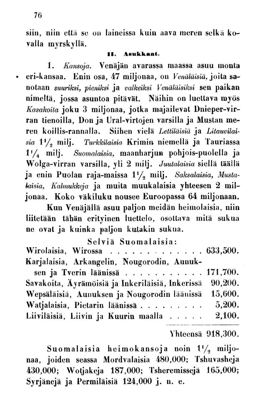 76 siili, niin että se on laineissa kuin aava meren selkä kovalla myrskyllä. 11. Asukkaat. 1. Kansoja. Venäjän avarassa maassa asuu monta eri-kansaa.