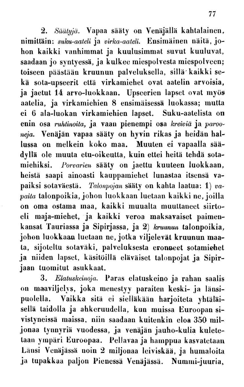 2. Säätyjä. Vapaa sääty on Venäjällä kahtalainen, nimittäin: suku-aateli ja virka-aateli.