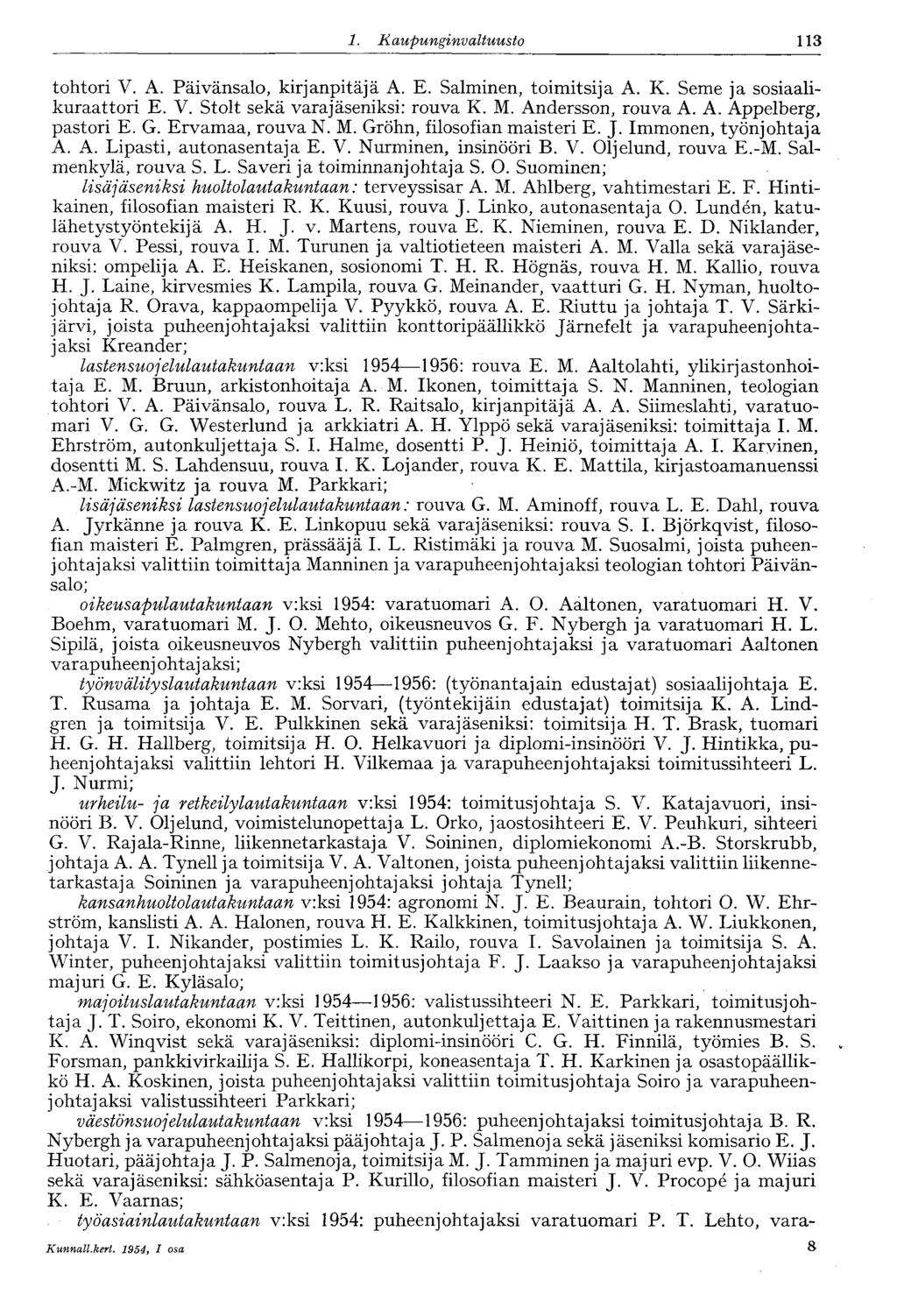 1. Kaupunginvaltuusto 113 tohtori V. A. Päivänsalo, kirjanpitäjä A. E. Salminen, toimitsija A. K. Seme ja sosiaalikuraattori E. V. Stolt sekä varajäseniksi: rouva K. M. Andersson, rouva A. A. Appelberg, pastori E.