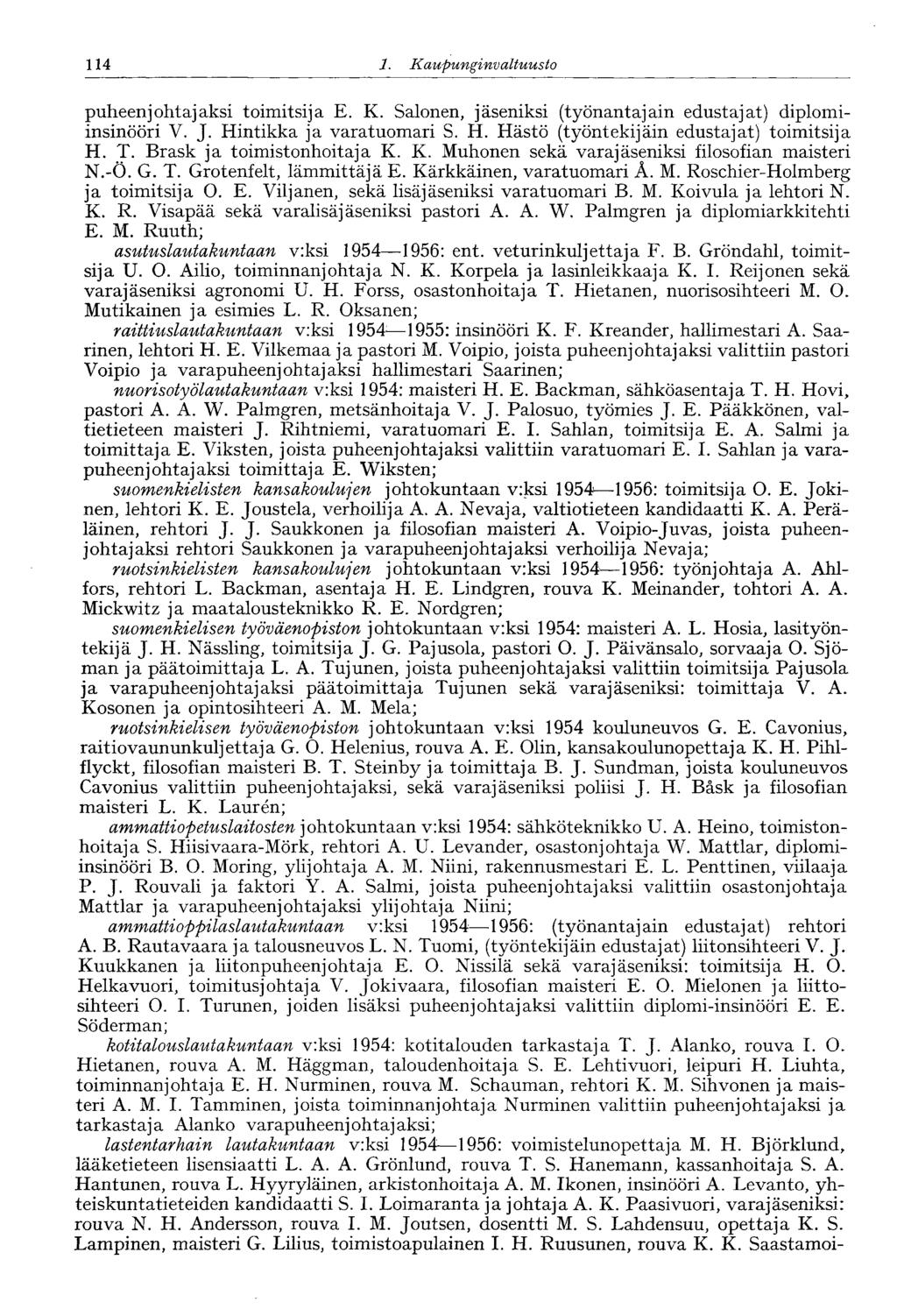 114 1. Kaupunginvaltuusto 114 puheenjohtajaksi toimitsija E. K. Salonen, jäseniksi (työnantajain edustajat) diplomiinsinööri V. J. Hintikka ja varatuomari S. H. Hästö (työntekijäin edustajat) toimitsija H.