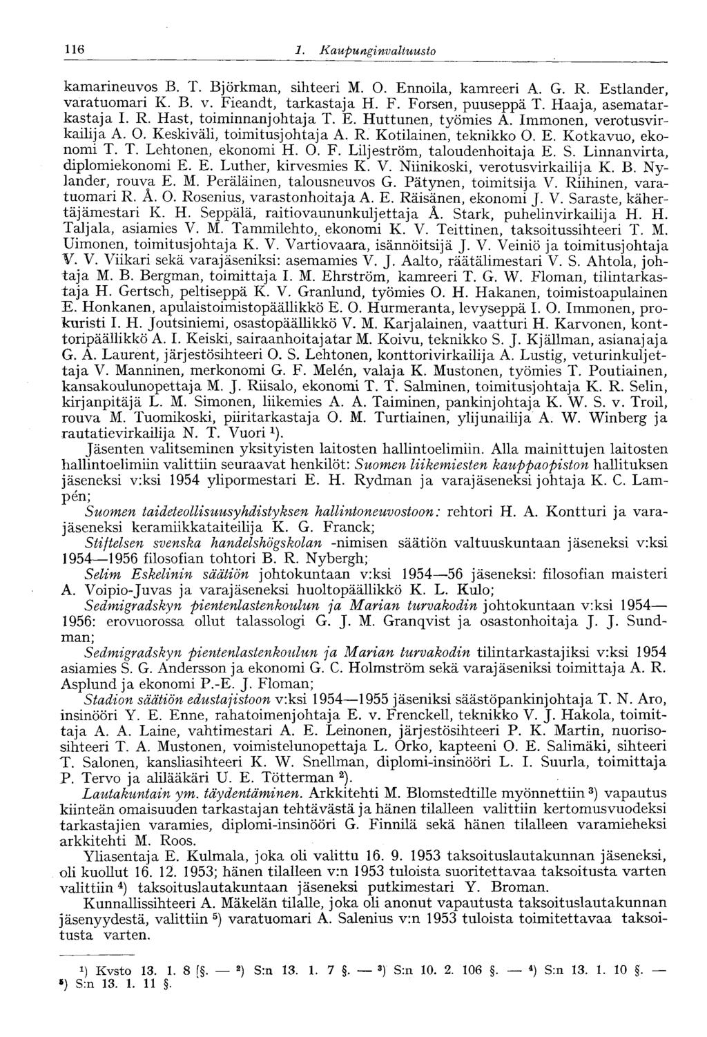 116 1. Kaupunginvaltuusto 116 kamarineuvos B. T. Björkman, sihteeri M. O. Ennoila, kamreeri A. G. R. Estlander, varatuomari K. B. v. Fieandt, tarkastaja H. F. Forsen, puuseppä T.