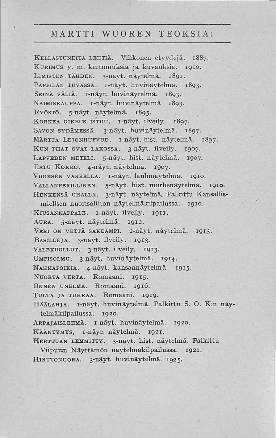 MARTTI WUOREN TEOKSIA: Kellastuneita lehtia. Vihkonen etyydeja. 1887. Kurimus y. m. kertomuksia ja kuvauksia. 1910. Ihmisten tahden. 3-nayt. naytelma. 1891. Pappilan tuvassa. i-nayt. huvinaytelma.