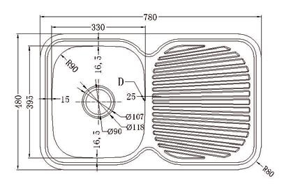 Upotusreikä: 760 x 460 mm Altaan syvyys: 184 mm 352PS309 1